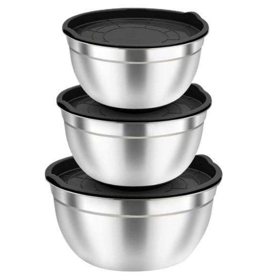 Set 3 Bowls de Acero Inoxidable con Tapa de Plástico 14cm 16cm y 18cm Lotus STL-607-3PCS