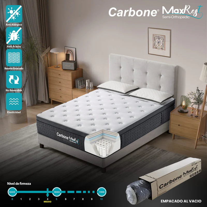 Colchones Semi Ortopédicos Empacados Al Vacío Max Rest Con Resortes, 35Cm Espesor (14") Alta Calidad Eco Comfort. Anti Acaros CARBONE