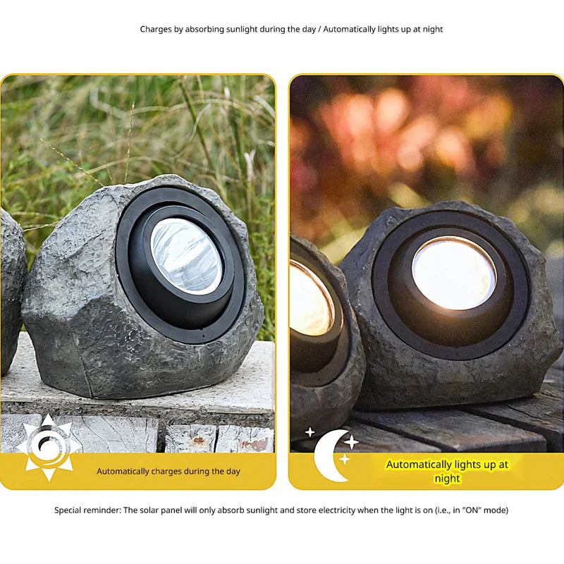 Roca Solar. Lampara Luz Solar Para Jardín. IP65 Foco Lampara Con Panel Solar En Forma De Piedra. Luz Blanca Y Cálida. AB589 Selecto
