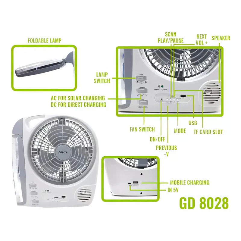 Abanico Solar Portátil 8". Ventilador Recargable Con Panel Solar. Con Luz LED Y Bocina Integrada. AB839 Selecto