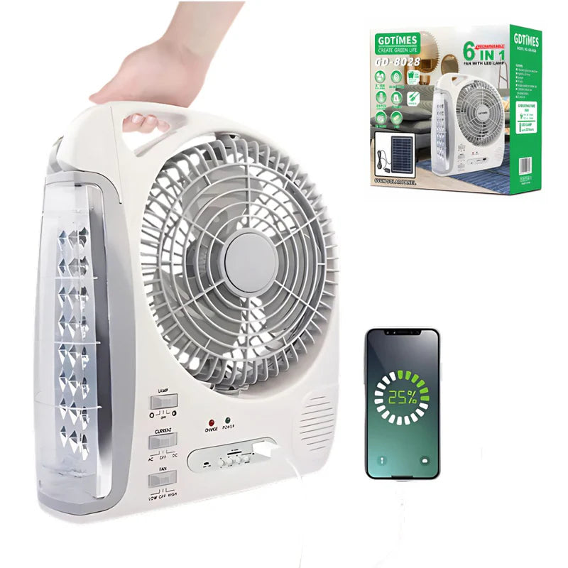 Abanico Solar Portátil 8". Ventilador Recargable Con Panel Solar. Con Luz LED Y Bocina Integrada. AB839