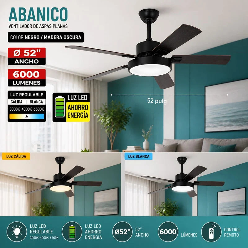 Abanico De Techo 52” Con Control Remoto Y Luz LED 6000 Lúmenes. Ventilador De Aspas Planas De 56W Luz Regulable. Color Negro ANF388