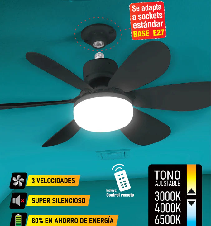 Abanico De Techo 20" Socket Negro E27 Con Luz Led Tono Ajustable 3000/4000/6500K, 1900 Lumens 6 Aspas 3 CCT 520X185mm ELT0388