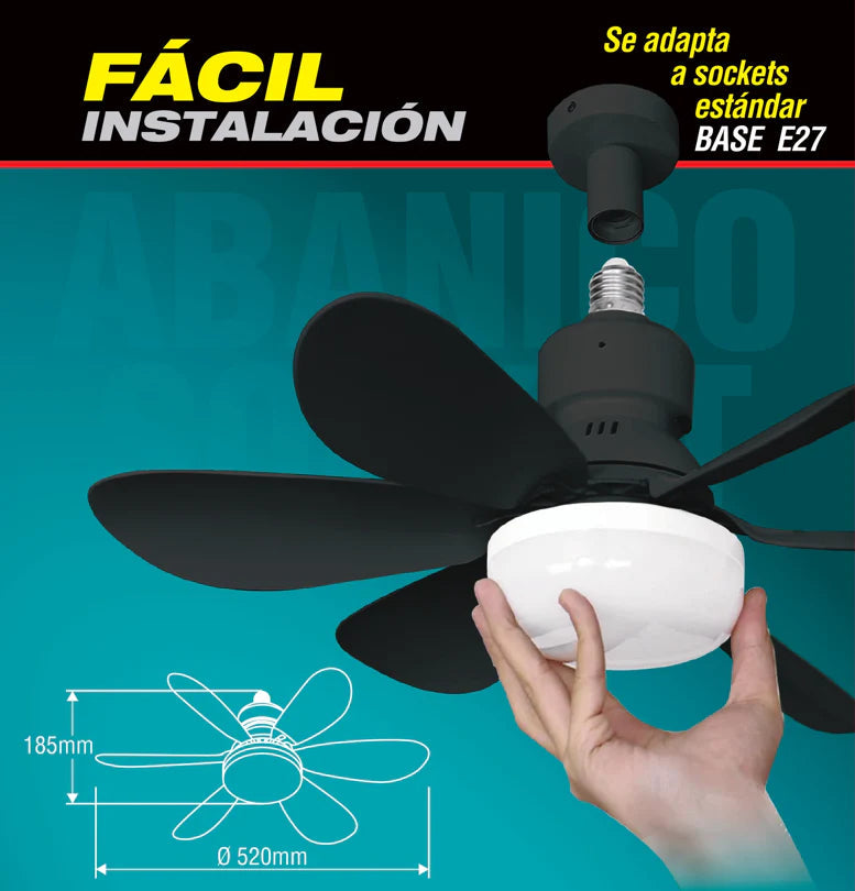 Abanico De Techo 20" Socket Negro E27 Con Luz Led Tono Ajustable 3000/4000/6500K, 1900 Lumens 6 Aspas 3 CCT 520X185mm ELT0388 CARBONE