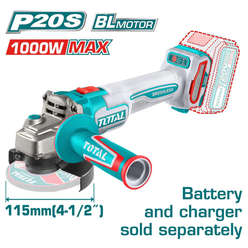 Flexible Inalámbrica 4-1/2" 20V 1000W Lijadora Esmeriladora Angular No Incluye Batería Ni Cargador. Total UTAGLI27153