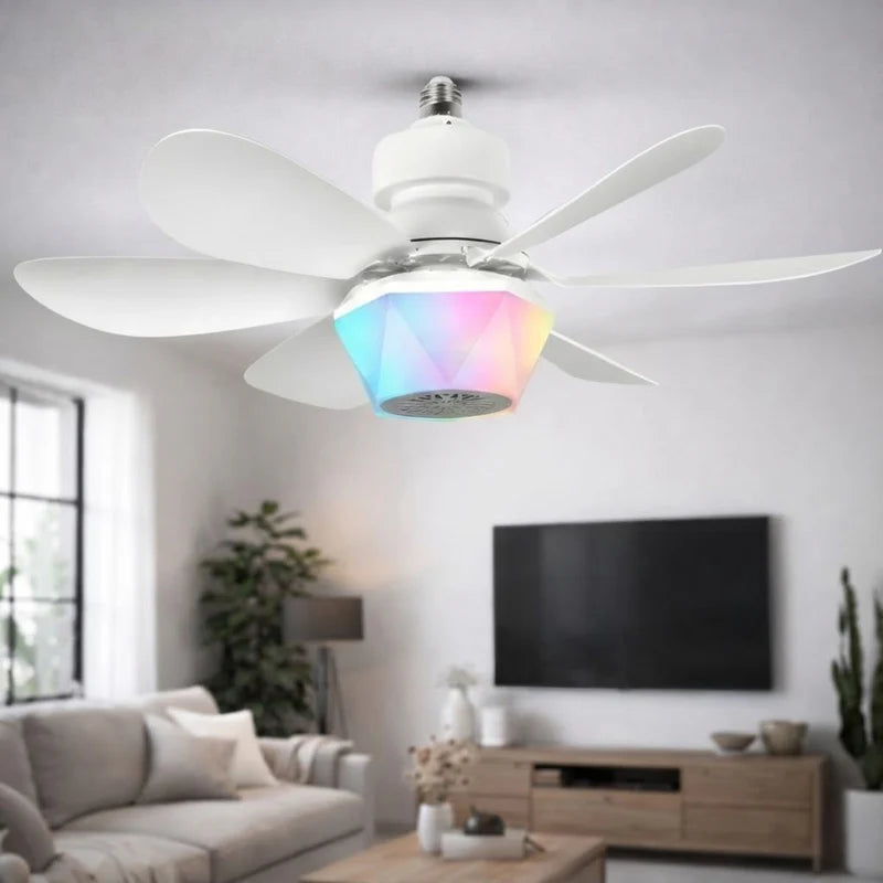 Abanico De Techo 20” Con Socket E27, Luz LED RGB Y 3 Tonos, Bocina Bluetooth. Ventilador Con 6 Aspas, 1600 Lúmenes Y Control Remoto. Color Blanco. ELT0406