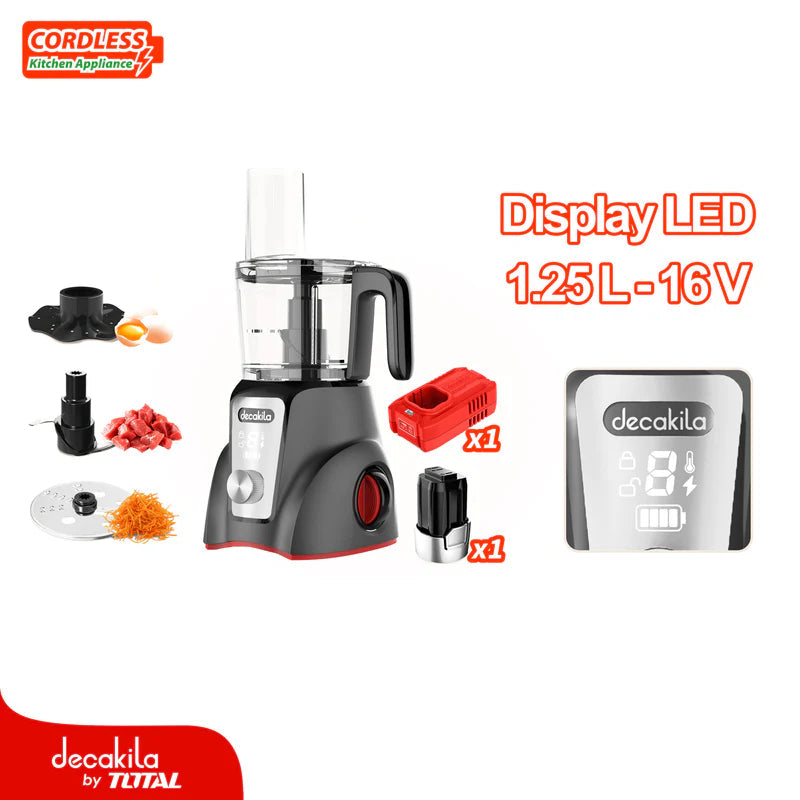 Procesador De Alimentos Inalámbrico Gris 250W 1.25L Pica, Rebana Y Corta. Incluye Batería Y Cargador. Decakila KUMG027B DECAKILA