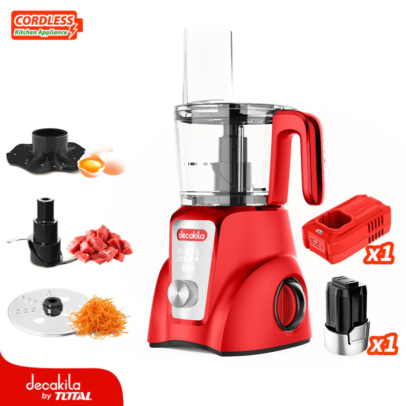 Procesador De Alimentos Inalámbrico Rojo 250W 1.25L Pica, Rebana Y Corta. Incluye Batería Y Cargador. Decakila KUMG027R