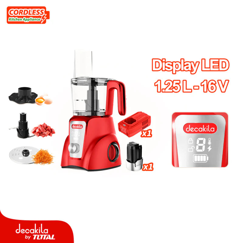 Procesador De Alimentos Inalámbrico Rojo 250W 1.25L Pica, Rebana Y Corta. Incluye Batería Y Cargador. Decakila KUMG027R