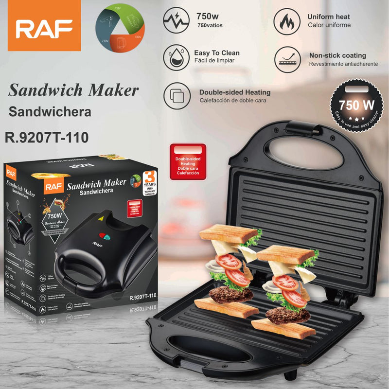Sandwichera Eléctrica 750W 110V. Parrilla Multifuncional Antiadherente De Doble Calor Para Sándwiches Y Paninis Crujientes. R.9207T-110 RAF