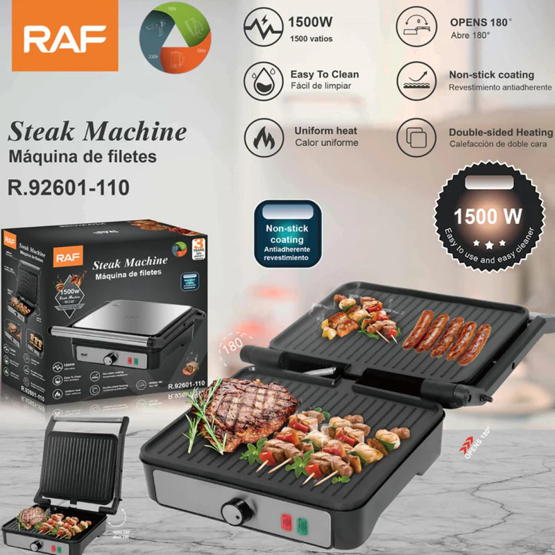 Parrilla Eléctrica 1500W 110V. Plancha Antiadherente De Doble Cara Que Abre 180°. Asador Ideal Para Carnes Y Filetes. R.92601-110 RAF