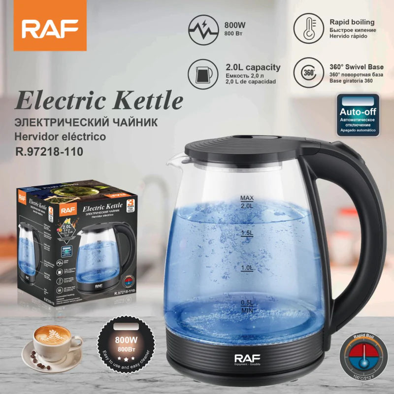 Hervidor Eléctrico De Vidrio 2.0L 800W 110V. Tetera Con Base Giratoria 360° Y Apagado Automático. R.97218-110 RAF