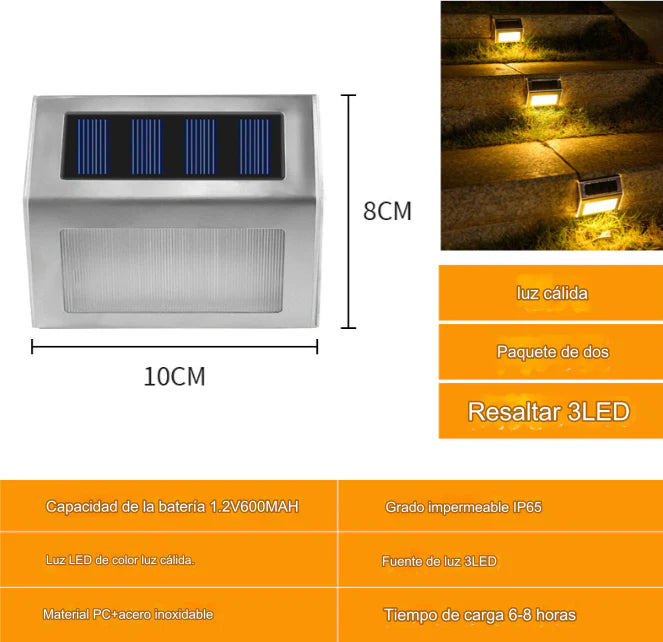 Luces LED Con Panel Solar Para Escaleras Exteriores (Pack De 2 Pzas). Luz Cálida Amarilla 3 LED En Acero Inoxidable De Pared O Escalera. AB005-3LED-stainless Selecto