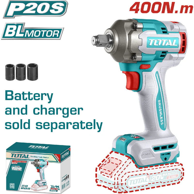 Llave Impacto Dado Cuadrado 1/2" 20V 400Nm. Batería Y Cargador Por Separado TIWLI20401 TOTAL