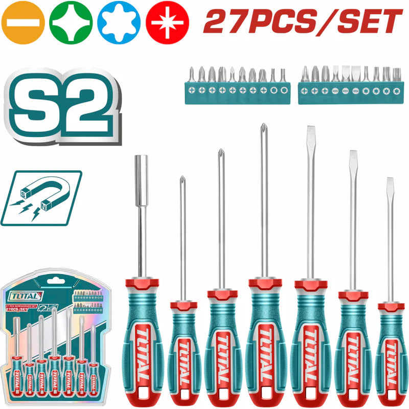 Combo Del Mes Total Destornilladores Variados Set De 27 Piezas Puntas: Plana, Phillips, Hexagonal, Torx POCAS UNIDADES. Total TKSDS2726