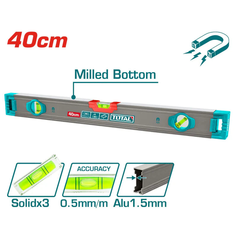 Nivel De Burbuja Magnetico De Doble Superficie Plana 40 Cm. Espesor Del Aluminio 1.5 Mm. Total TMT24028M TOTAL