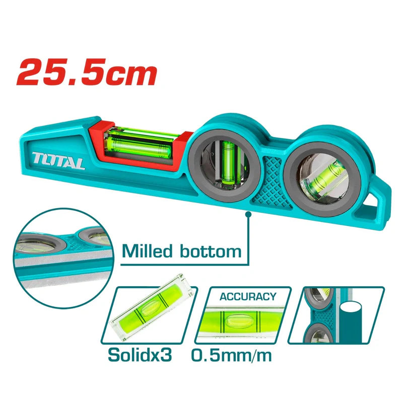 Nivel De Burbuja 255Mm 3 Burbujas Cuerpo Cónico Aluminio Y ABS. Con Imán. Alta Calidad Indestructible. TMT921306