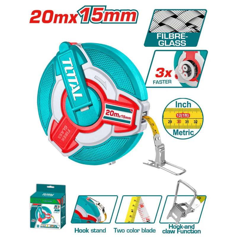 Cinta Métrica De Fibra De Vidrio 20Mx15mm Mango Integrado. Métrico Y Pulgadas. TMTF18206 TOTAL