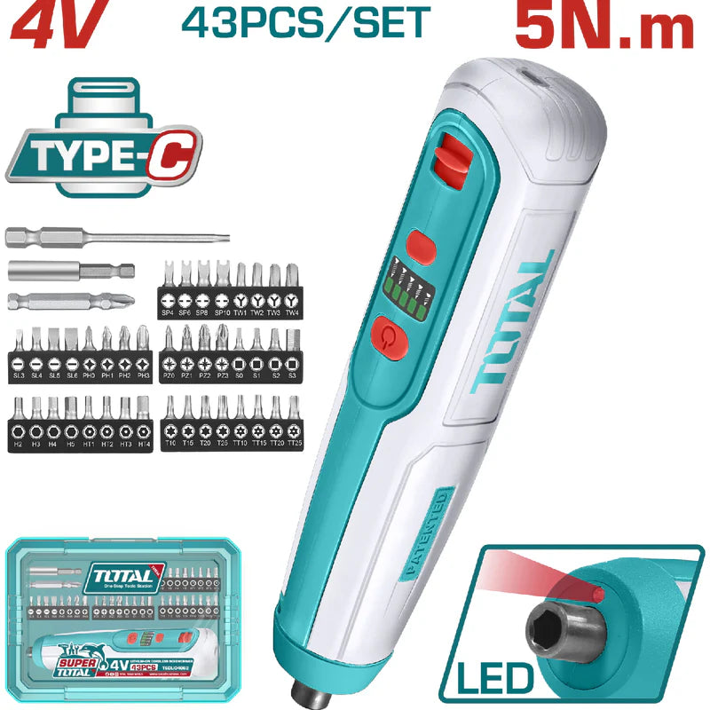 Destornillador Inalámbrico 4V 5 N.M . Carga Por USB Tipo Celular Samsung. Se Vende Por Separado. Total TSDLI04062 TOTAL