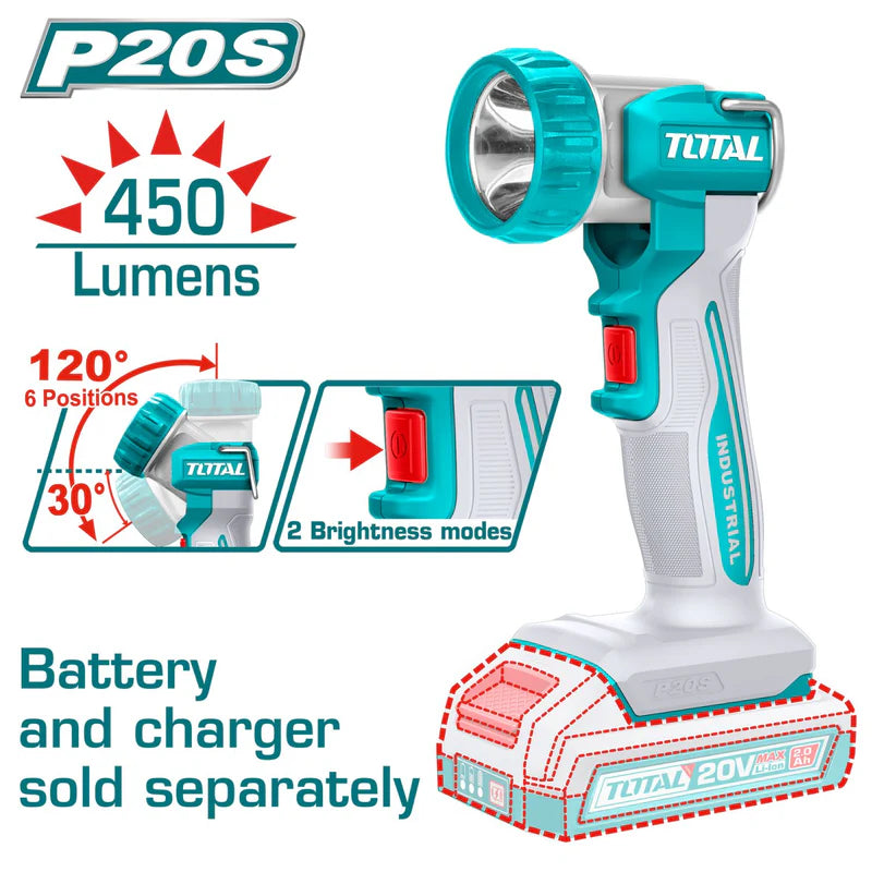 Lámpara Linterna De Trabajo Inalámbrica De Litio 20V 8W 450 Lumens. No Incluye Cargador Ni Batería. Total TWLI2058 TOTAL