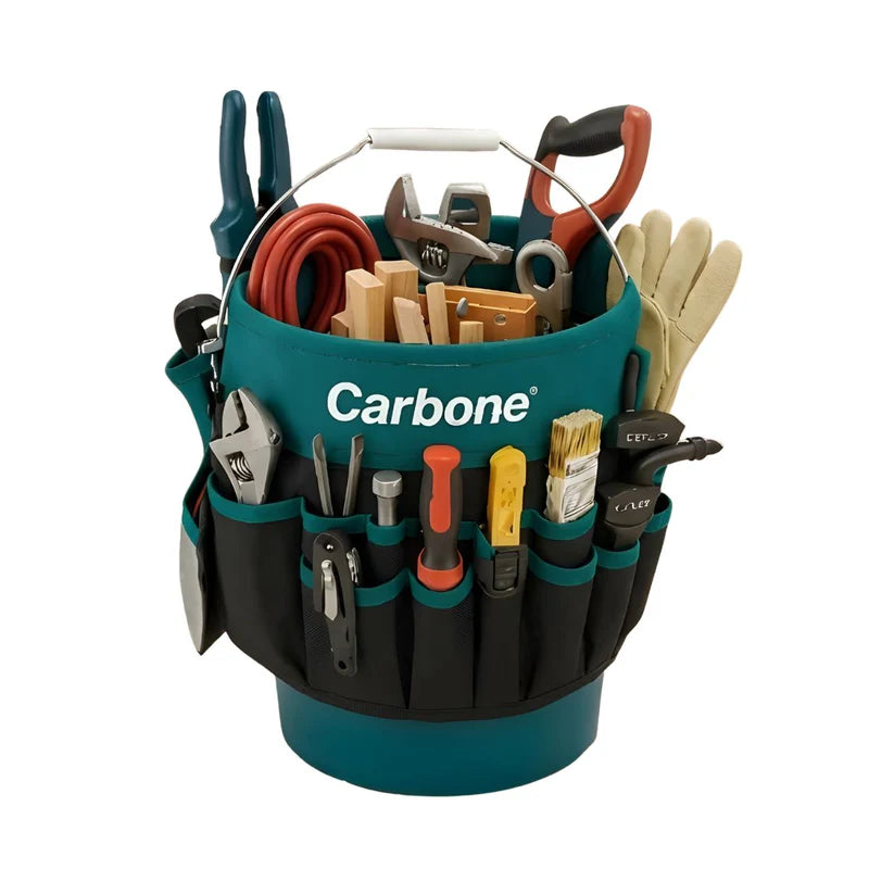 Bolso Cubeta Caja Porta Herramientas Textil Oxford. Cubo Organizador Carbone Con Múltiples Bolsillos Y Asa Metálica 30X32cm. ( No Incluye Cubeta) Solo El Textil Para Usar Con Cubeta UN-F001