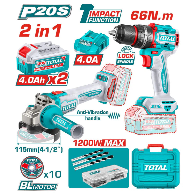 Combo Del Mes Total Esmeril Angular 20V Motor Sin Escobillas 4-1/2". Taladro Compacto Motor Sin Escobillas 20V 66Nm. Batería Y Cargador. POCAS UNIDADES UTCKLI20256