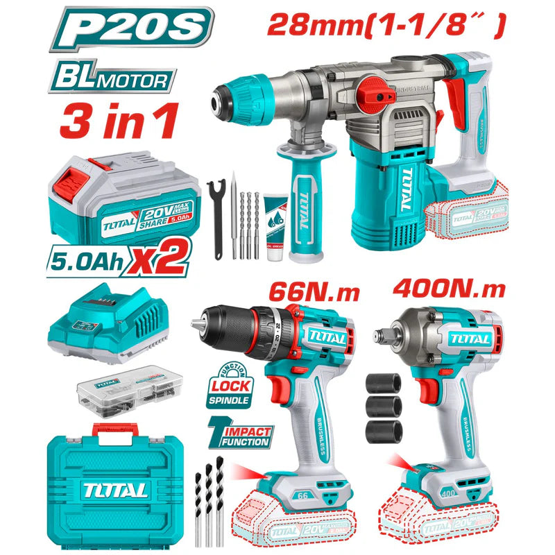 Combo Del Mes Total 20V Martillo 930 Rpm. Llave De Impacto 1/2" 550Nm Taladro De Impacto 66Nm. Incluye Batería Y Cargador. COMBO POCAS UNIDADES. UTCKLI20638