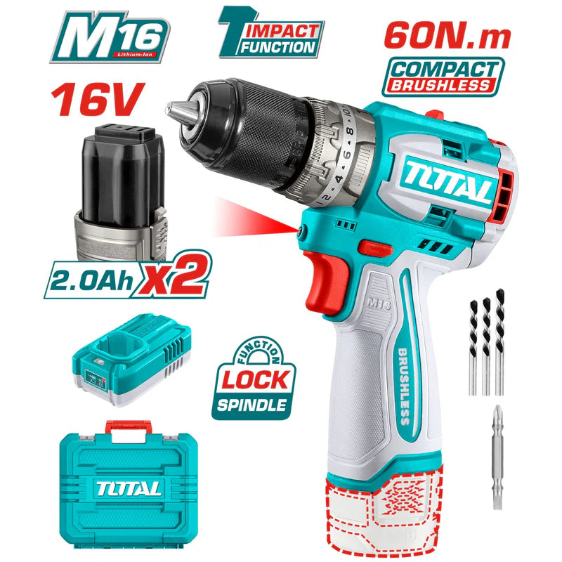 Taladro Inalámbrico 16V 1/2" 60 Nm Impacto. Motor Sin Escobillas. Incluye Batería Y Cargador. Super Total UTIDLI16682 TOTAL