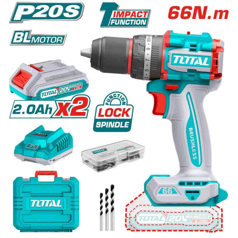 Taladro Inalámbrico 20V 1/2" 66Nm Impacto. Motor Sin Escobillas. Incluye 2 Baterías Y Cargador. Super Total UTIDLI20668