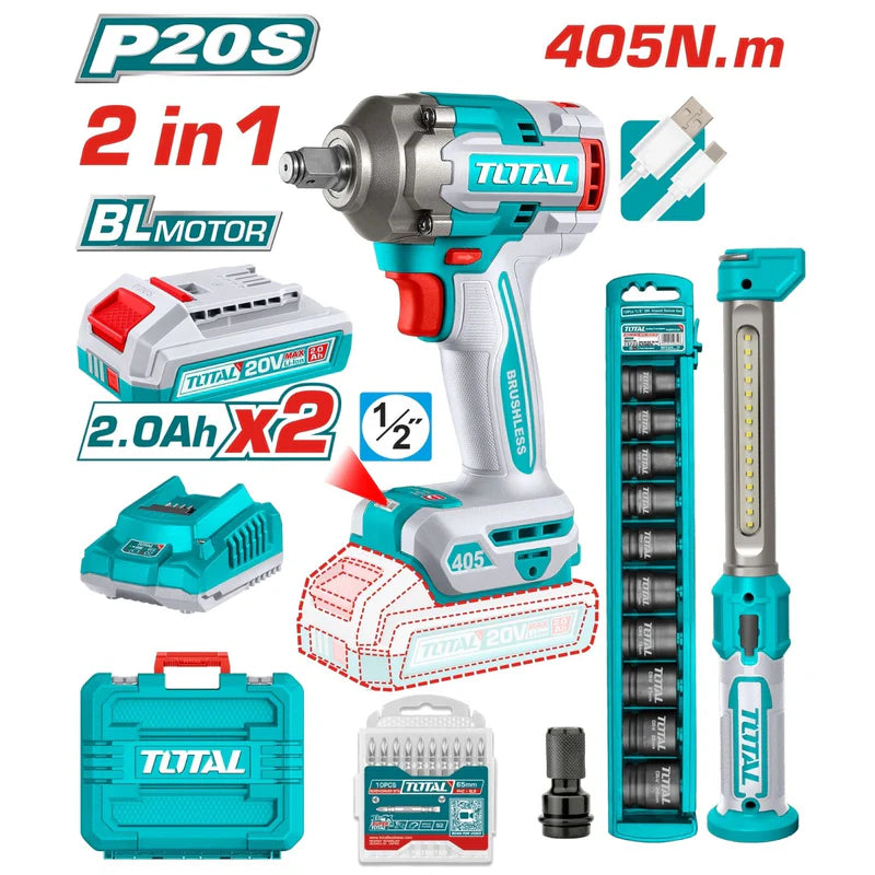 Combo Total Llave De Impacto Inalámbrica 20V 1/2" 405Nm 2400Rpm Motor Sin Escobillas Con Lámpara De Trabajo 3.5W Y Accesorios. POCAS UNIDADES UTOSLI23056 TOTAL