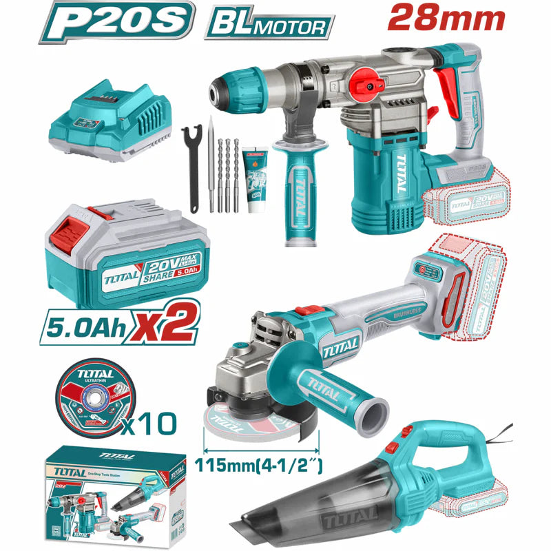 Combo Del Mes Total 20V Rotomartillo 4400 Bpm 4.5 J. Esmeriladora Angular 9000 Rpm Diámetro 4-1/2'' Aspiradora Inalámbrica ≥9 Kpa Incluye: Batería, Cargador Y Accesorios. POCAS UNIDADES. UTOSLI240785