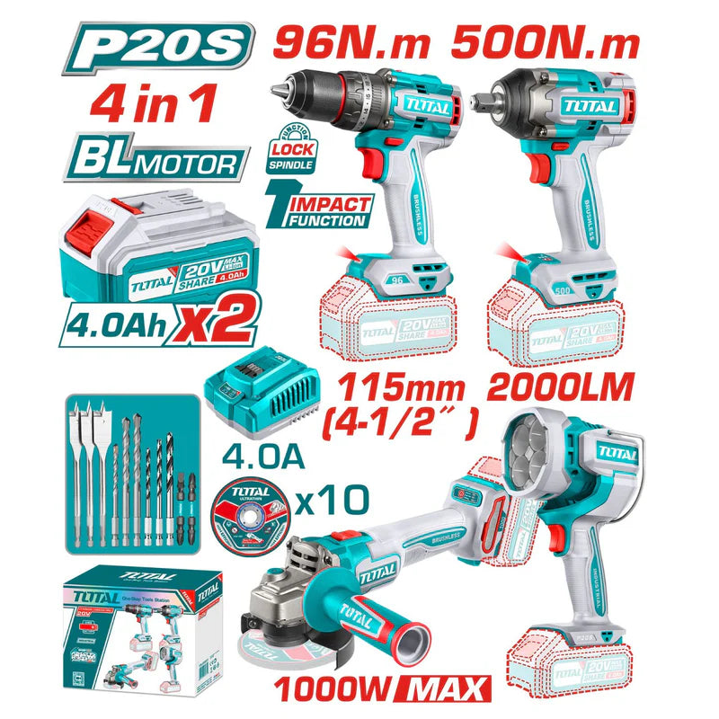 Combo Del Mes Total Taladro Impacto 20V Sin Escobillas 96 Nm Llave De Impacto 1/2" 500 Nm Esmeriladora Angular 1000W Lámpara De Trabajo 2000Lm. Batería Y Cargador. POCAS UNIDADES. Total UTOSLI241292 TOTAL