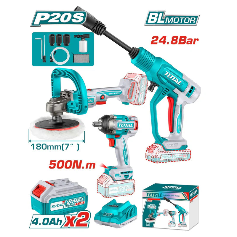 Combo Del Mes Total Pulidora Inalámbrica 20V Sin Escobillas 180 Mm (7'‘) Llave De Impacto 1/2" 500 Nm Hidrolavadora 24.8 Bar Batería Y Cargador. Total UTOSLI250184