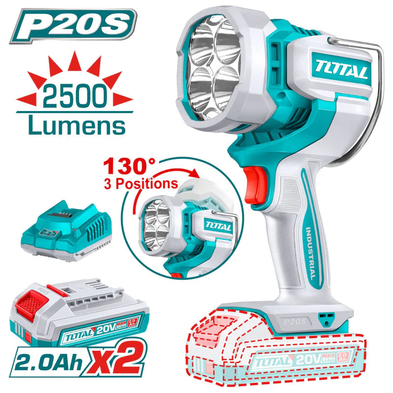 Lámpara De Trabajo Inalámbrica 20V. 2500 Lumens. Cabeza Giratoria De 130°. Incluye 2 Baterías Y 1 Cargador. Linterna. UTWLI20887