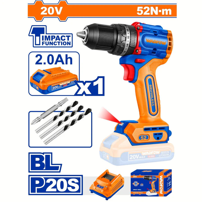 Taladro Drill Inalámbrico Función Impacto 52 NM 20V. 1/2? 0–500 / 0–2000 Rpm Con Batería, Cargador Y Accesorios Wadfow UWCDP5282 WADFOW