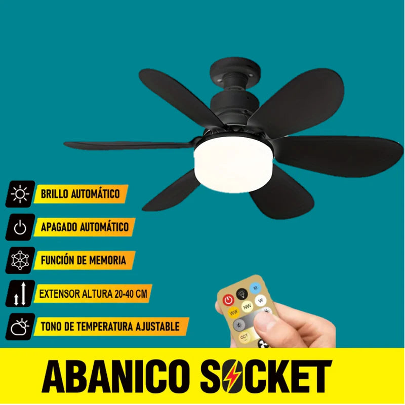 Abanico De Techo 20" Socket Negro E27 Con Luz Led Tono Ajustable 3000/4000/6500K, 1900 Lumens 6 Aspas 3 CCT 520X185mm ELT0388