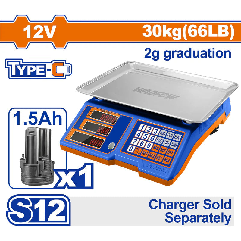 Balanza De Supermercado Para Alimentos. 2G-30Kg. Pantalla LED. Bateria 12V. Cargador USB Tipo C Por Separado. Wadfow WEC1301 Báscula. Pesa. WADFOW
