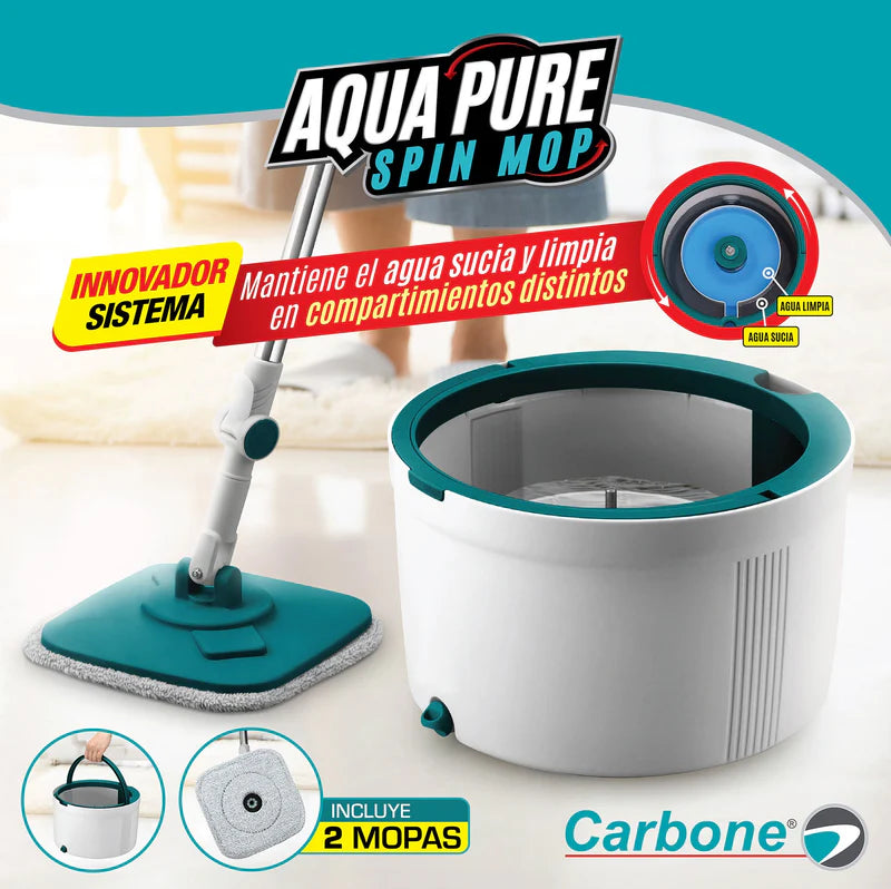Trapeador Spin Mop Aqua Pure Giratorio Con Tina Separadora De Agua Limpia Y Sucia De 3 Lts AN30 CARBONE