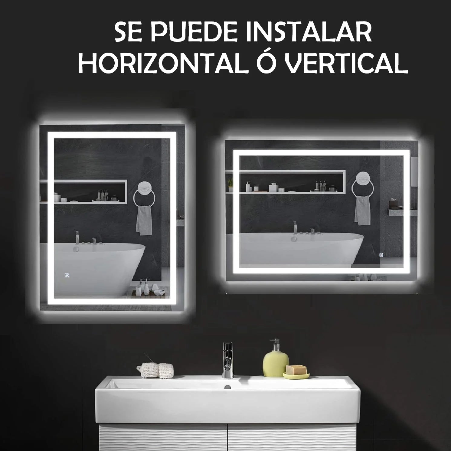 Espejo LED Borde Negro 60X80 Cm Luz LED De 3 Tonos Botón Táctil Funciona Para Instalación Vertical Y Horizontal GMIRROR18