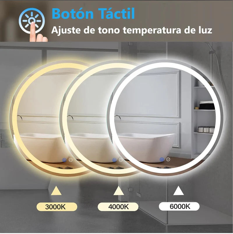 Espejo LED Borde Negro Circular Diámetro 80 Cm Con Luz LED De 3 Tonos Botón Táctil GMIRROR16 Selecto