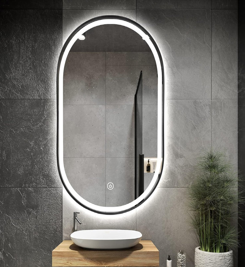 Espejo LED Borde Negro Ovalado 60Cm De Ancho X 120 Cm De Alto Con Luz LED De 3 Tonos Botón Táctil GMIRROR17 Selecto
