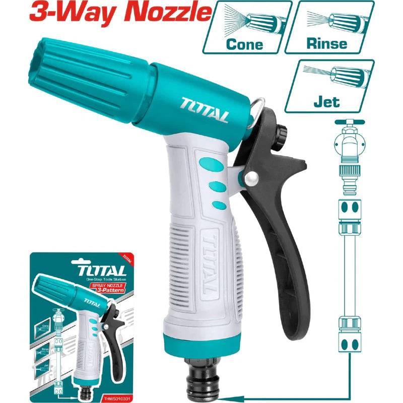 Pistola Boquilla De Agua De Plástico Ajustable A 3 Vías. Con Conector Rápido De 3/4". Total THWS010301