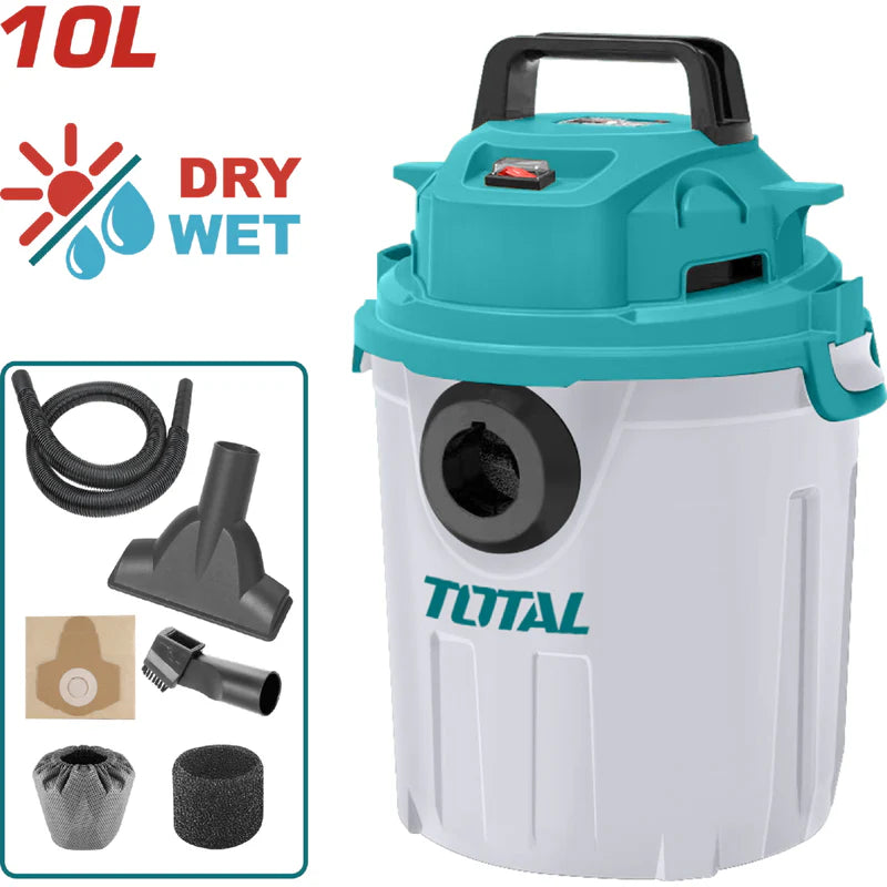 Aspiradora De Limpieza Seco O Mojado 10L. 1000W. Tanque Plastico. 110V-120V~50/60Hz Total UTVC10101 TOTAL