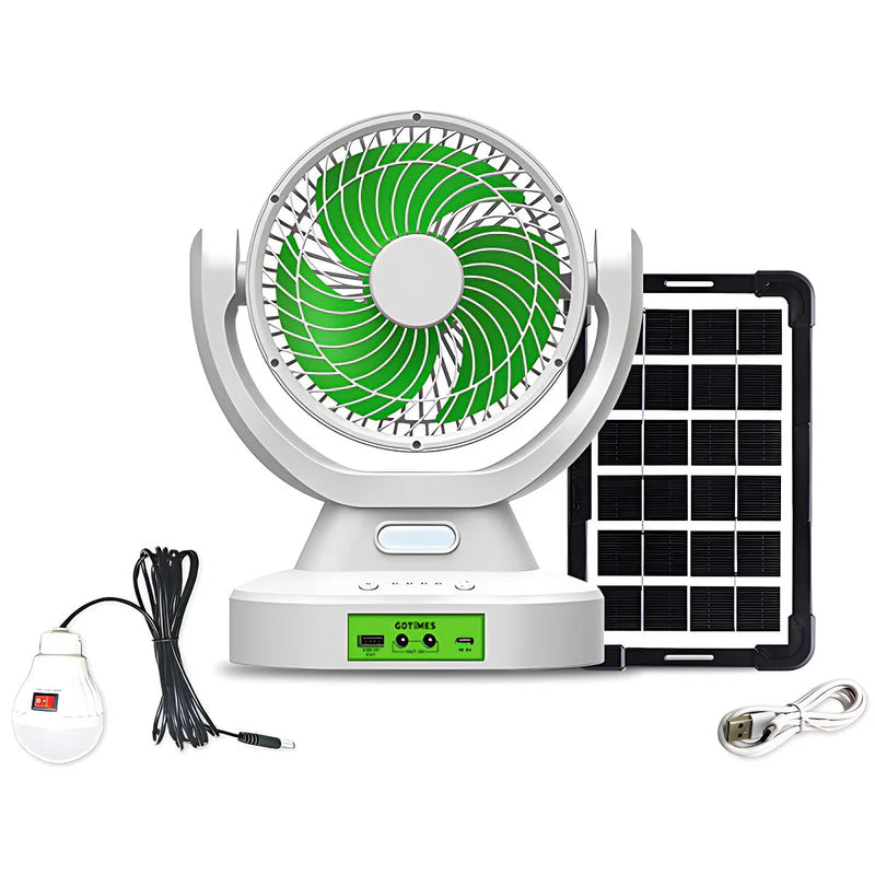 Abanico Solar Portátil 7". Ventilador Recargable Con Panel Solar. Con Bombillo. Color Blanco. AB340