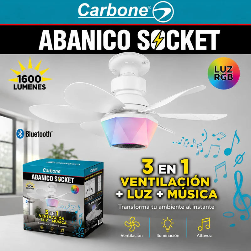 Abanico De Techo 20” Con Socket E27, Luz LED RGB Y 3 Tonos, Bocina Bluetooth. Ventilador Con 6 Aspas, 1600 Lúmenes Y Control Remoto. Color Blanco. ELT0406