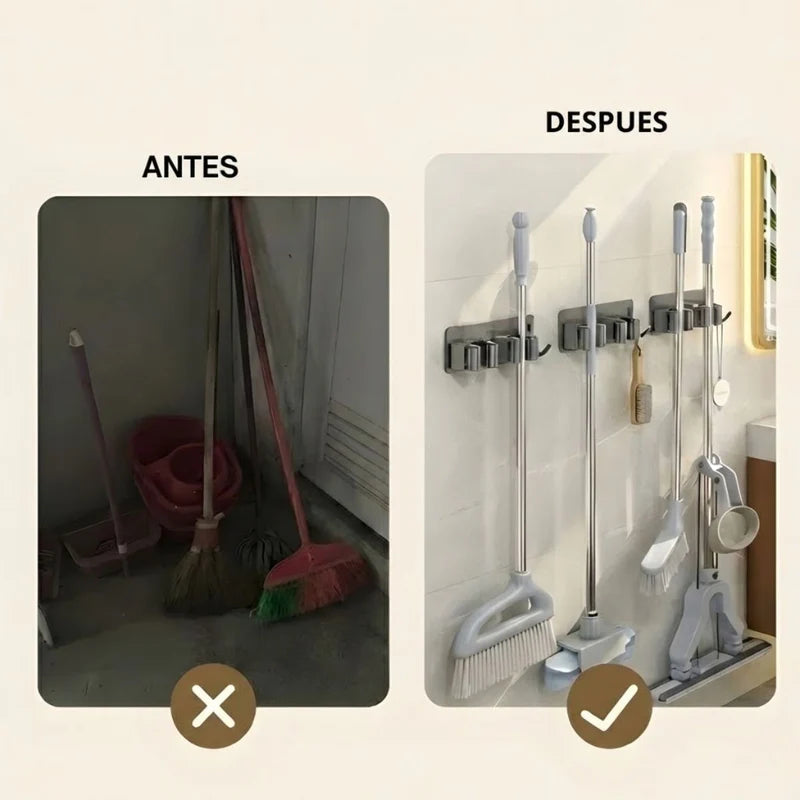 Soporte Gancho Organizador De Pared Para Escoba O Trapeador. Color Gris Con Doble Abrazadera Y Gancho 14.3×5.5Cm. Lavanderia Clip LT129