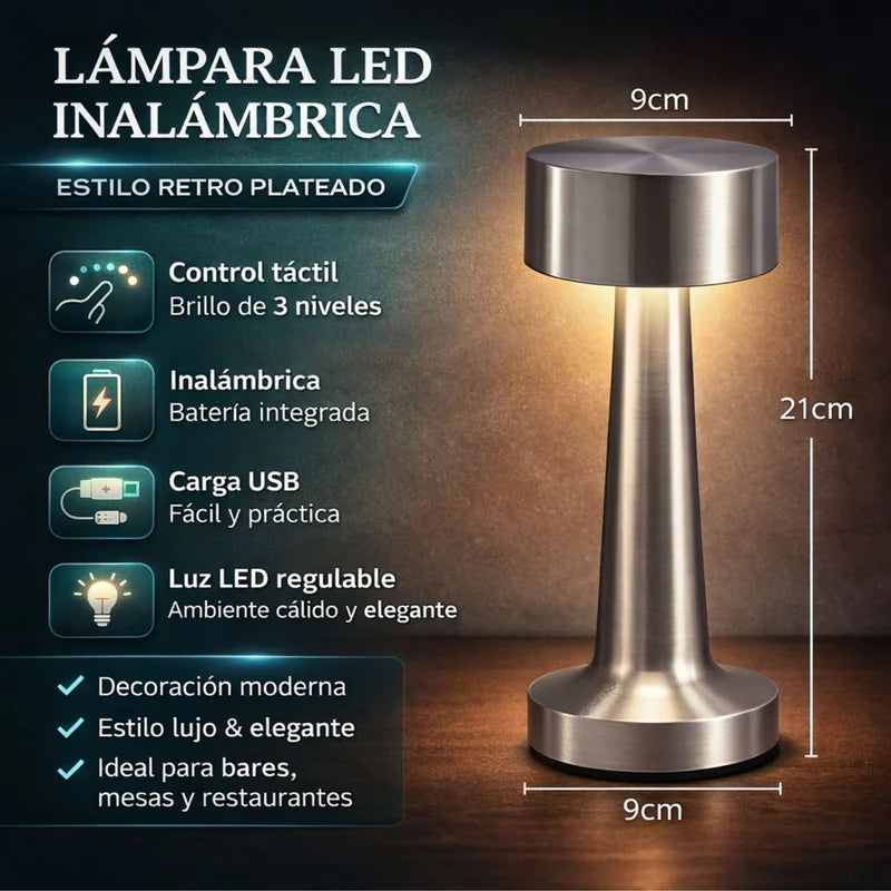 Lámpara LED De Mesa Portátil E Inalámbrica. Diseño Retro. Control Táctil Para 3 Niveles De Luz. Color Plateado. Usado En Restaurantes LT265