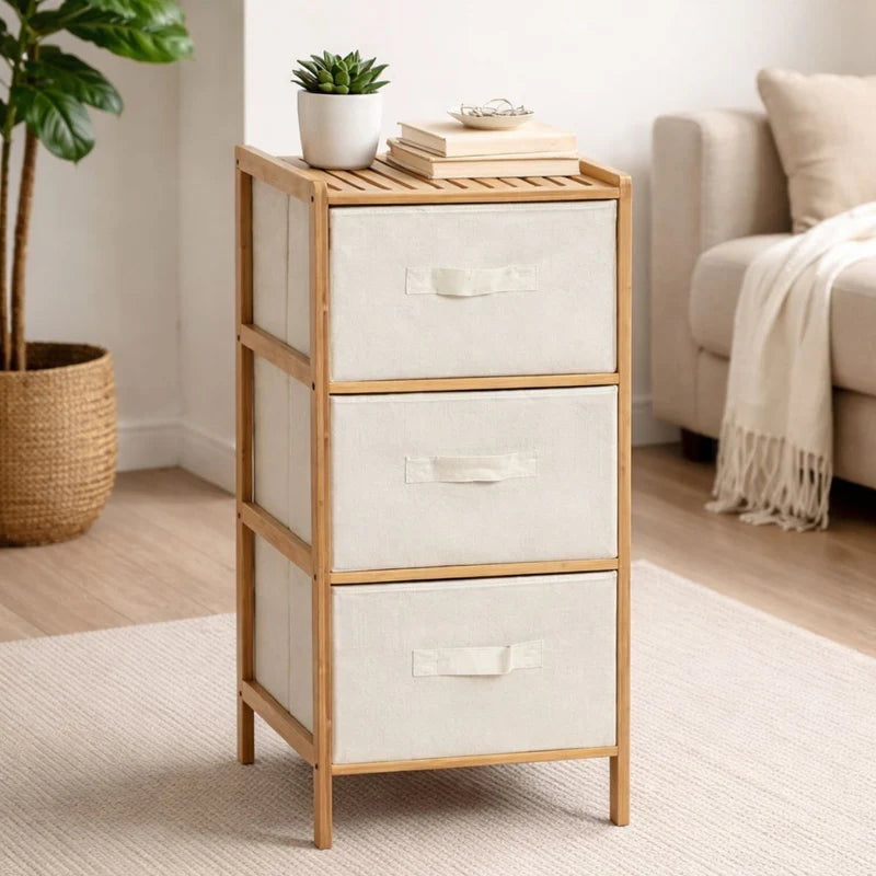 Mueble Multiuso De Bambú Estilo Nórdico Con Cajones De Tela Oxford Para Hogar Y Oficina. Organizador De Almacenamiento Vertical Con 3 Cajones. Gavetero (37X78.5X35 Cm) LT316