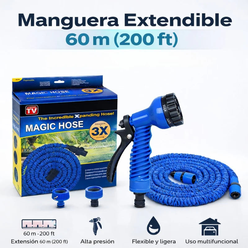 Manguera Expandible De Jardín 60 M (200 Ft) Color Azul Con Pistola De Alta Presión Riego Y Lavado Multifuncional A Prueba De Explosiones. LT351