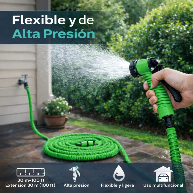 Manguera Expandible De Jardín 30 M (100 Ft) Color Verde Con Pistola De Alta Presión Riego Y Lavado Multifuncional A Prueba De Explosiones. LT352